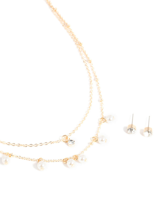 Gold Layered Pearl Necklace & Diamante Stud Earrings Set