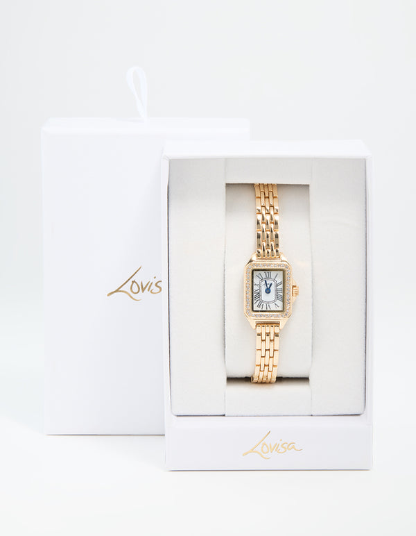 Gold Diamante Mini Rectangular Watch