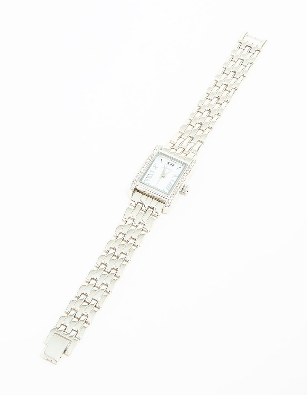 Elegant diamante roman numeral rectangle watch featuring white dial, formal occasion styling, link band strap, analog type, and women's design in silver front view