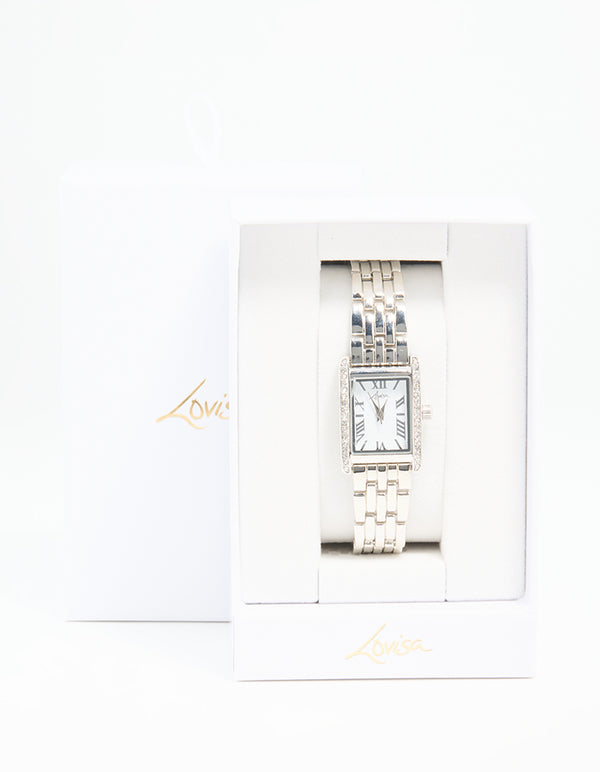 Silver Diamante Roman Numeral Rectangle Watch