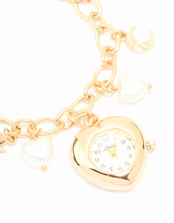 Gold Pearl Heart Charm Watch Bracelet