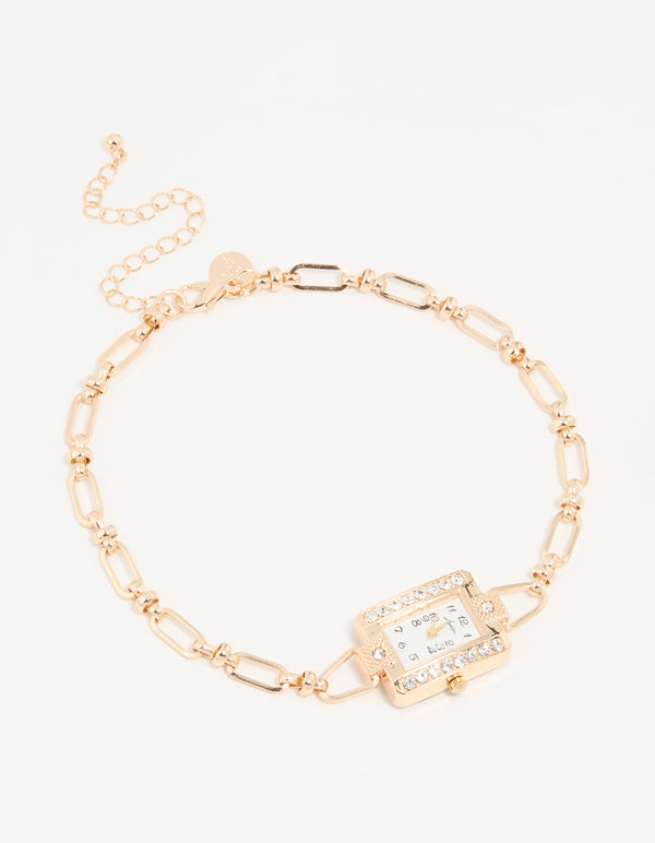 Gold Diamante Rectangle Watch Choker Necklace