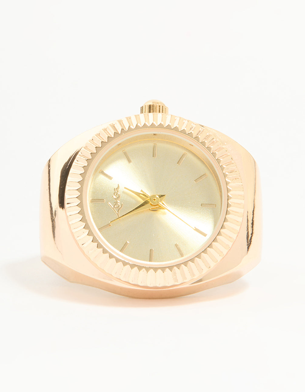 Crafted as a a statement gold watch ring for women with fluted bezel, gold dial, round shape, analog casual design watch face detail view