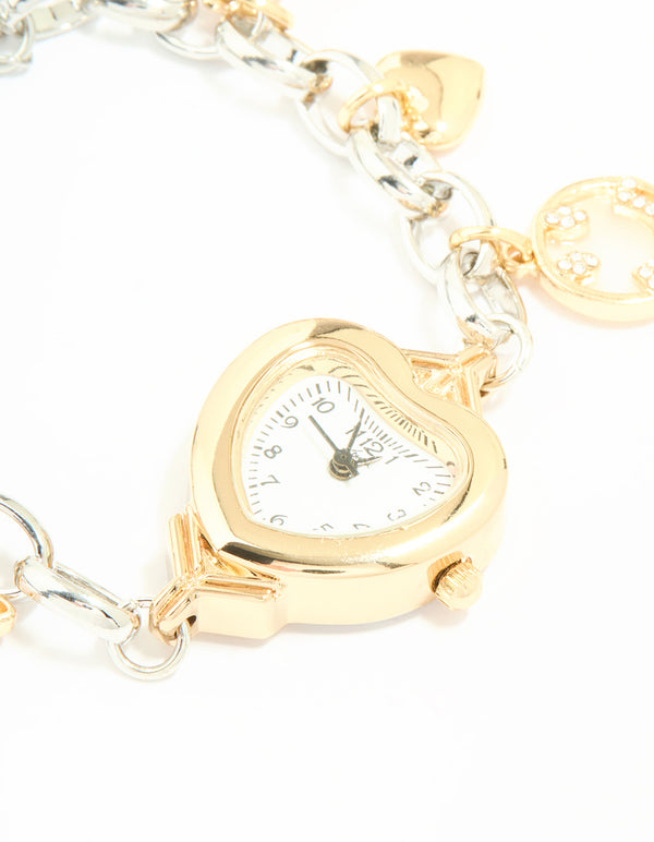 Mixed Metals Heart Watch & Butterfly Charm Bracelet
