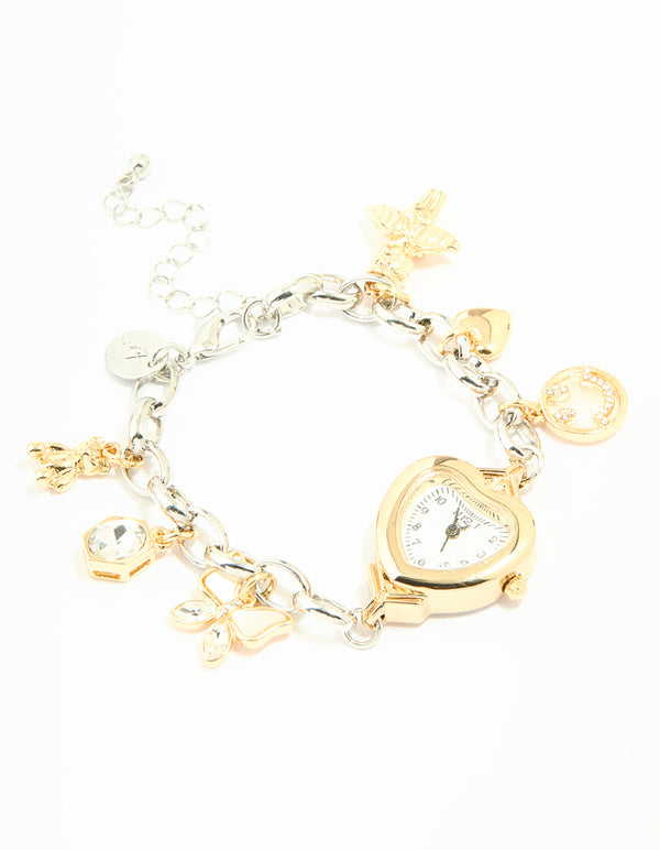 Mixed Metals Heart Watch & Butterfly Charm Bracelet