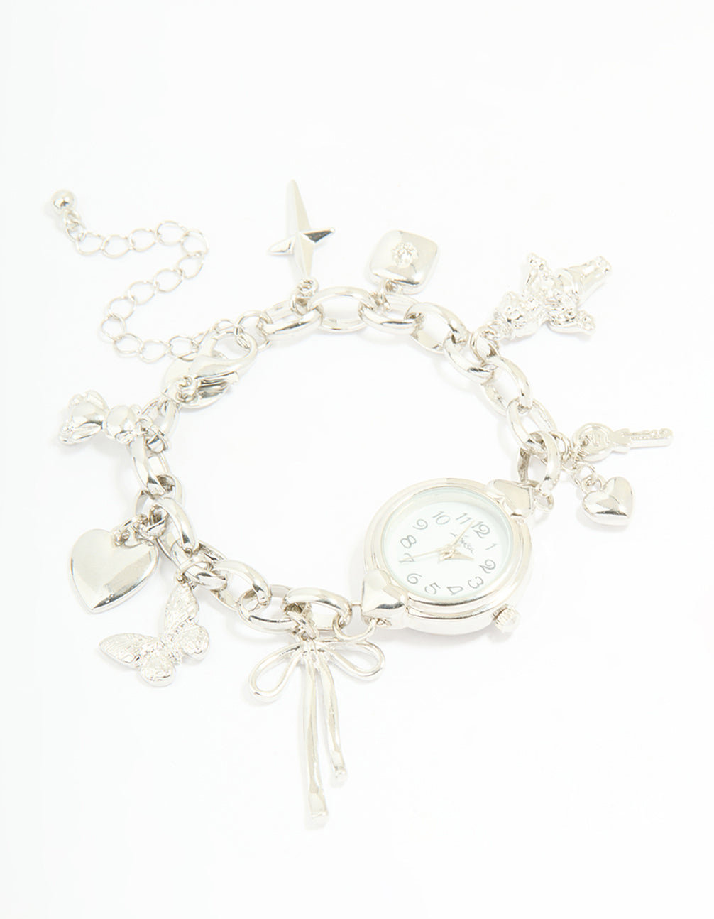 Showcasing a silver watch and charm bracelet featuring bow, butterfly, and heart charms with white round dial, number dial look, link band, casual analog design for women, statement style front view