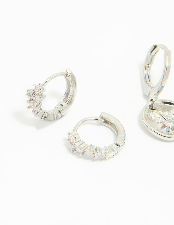 Silver Cubic Zirconia Celestial Huggie Earrings 3-Pack