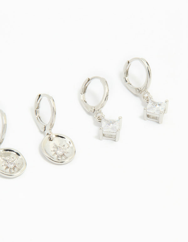 Silver Cubic Zirconia Celestial Huggie Earrings 3-Pack