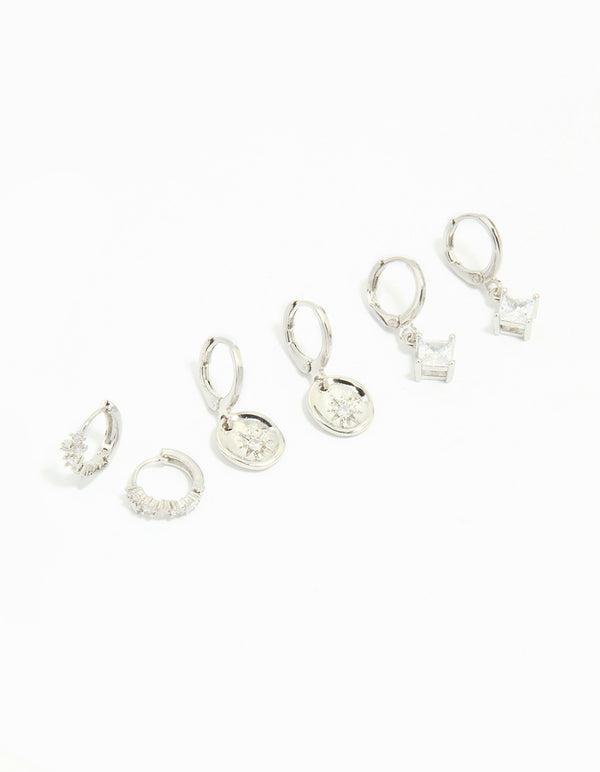 Silver Cubic Zirconia Celestial Huggie Earrings 3-Pack