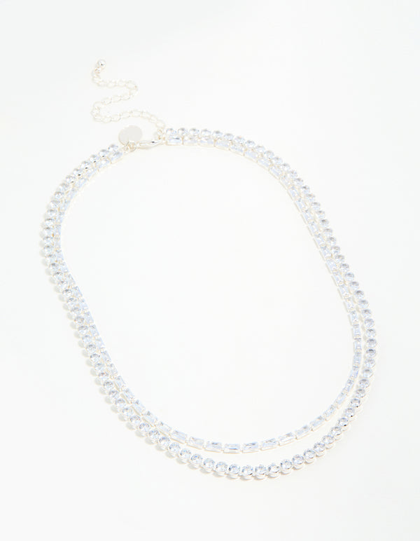 Silver Cubic Zirconia Layered Choker Necklace