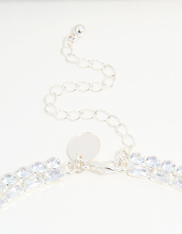 Silver Cubic Zirconia Layered Choker Necklace