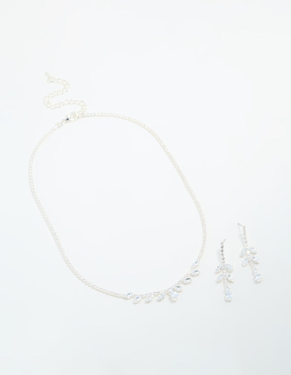Silver Cubic Zirconia Navette Leaf Necklace & Earrings Set