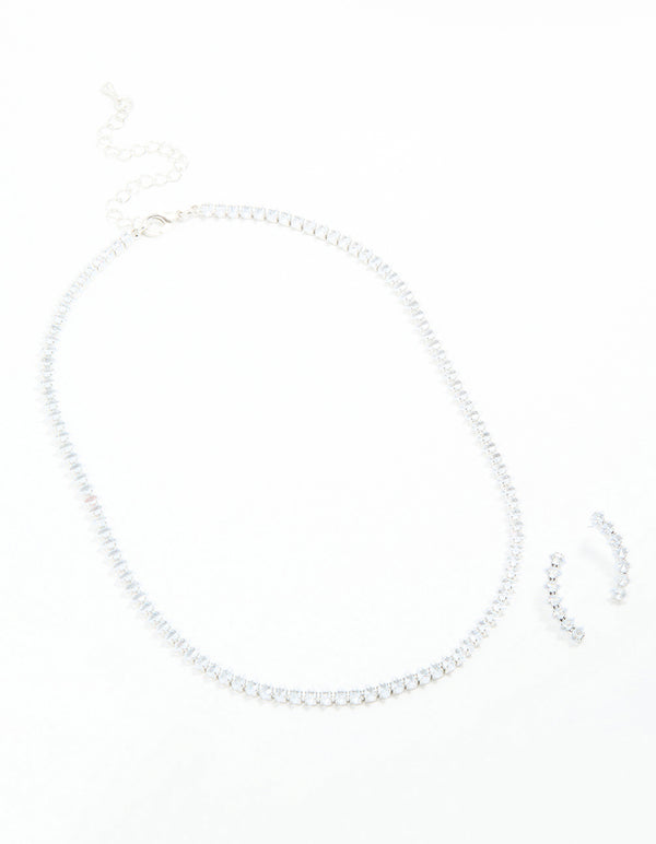 Silver Cubic Zirconia Navette Necklace & Earrings Set