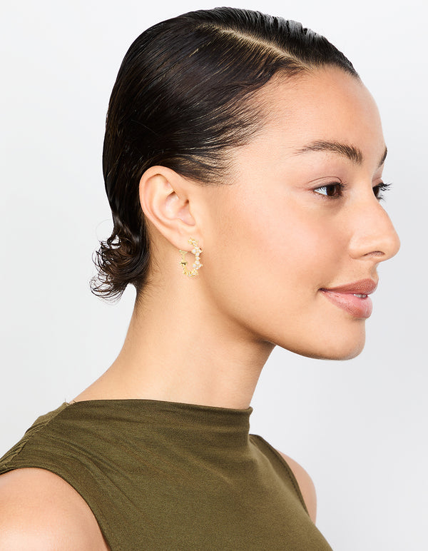 Gold Plated Cubic Zirconia Flower Large Round Hoop Earrings