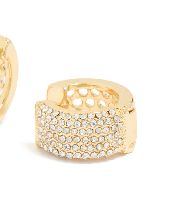 Detailed view of gold plated medium huggie earrings with cubic zirconia stones and closure mechanism post detail view