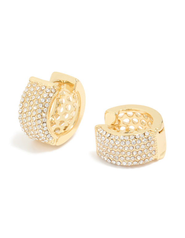 Elegant medium huggie earrings crafted from gold plated material featuring cubic zirconia pavé in gold front view