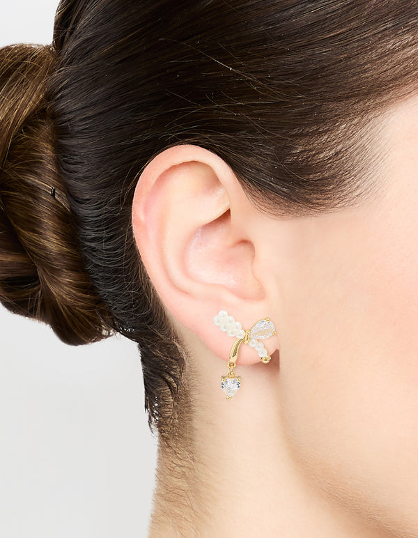 Gold Plated Cubic Zirconia & Pearl Bow Stud Earrings