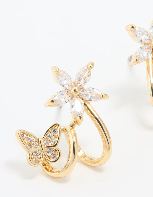Gold Plated Cubic Zirconia Flower Butterfly Ear Jacket Earrings