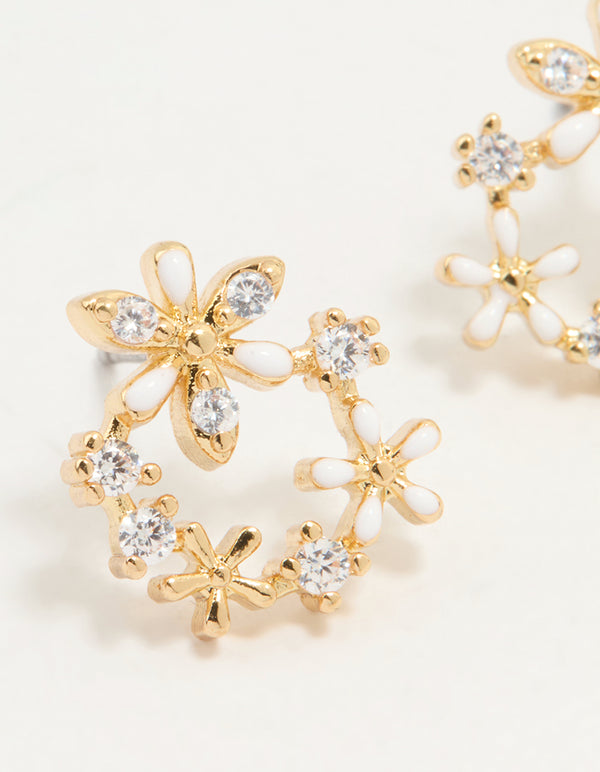 Gold Plated Cubic Zirconia Flower Wreath Stud Earrings