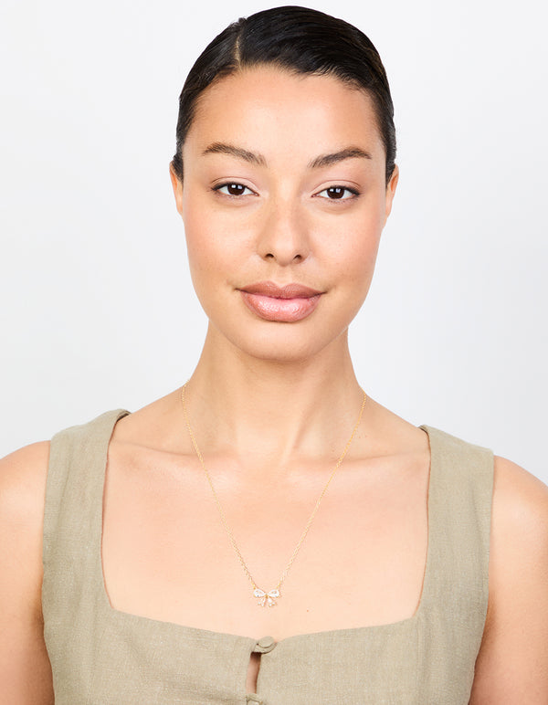 Gold Plated Cubic Zirconia Small Bow Pendant Necklace