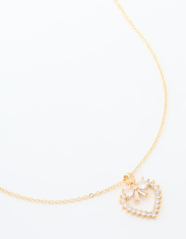 Gold Plated Cubic Zirconia Heart & Bow Pendant Necklace