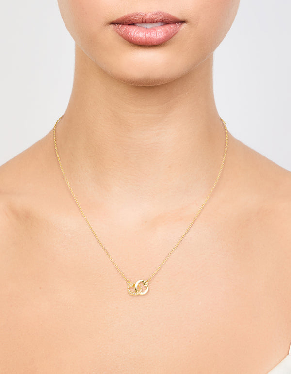 Gold Plated Brass Cubic Zirconia Double Heart Link Pendant Necklace