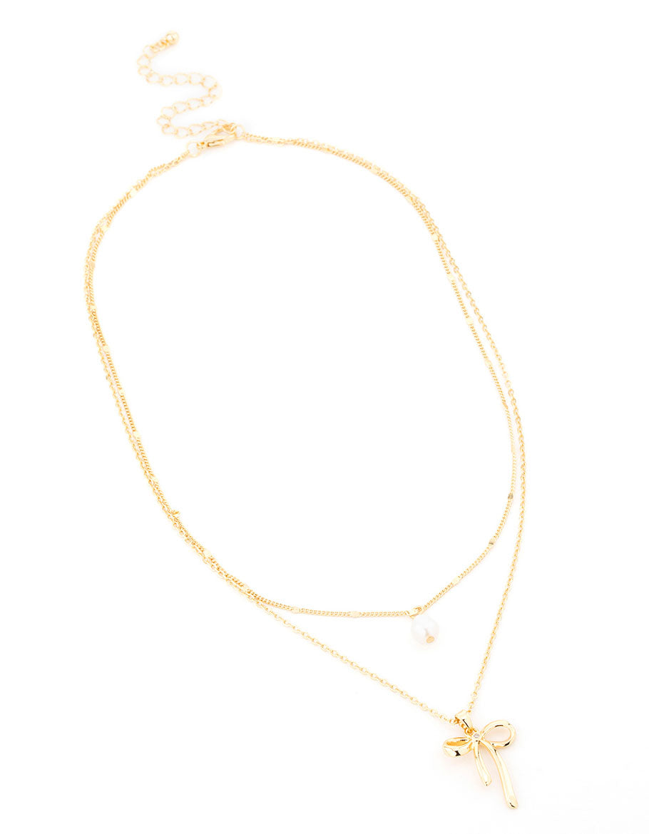 Gold Plated Brass Freshwater Pearl & Bow Layered Necklace