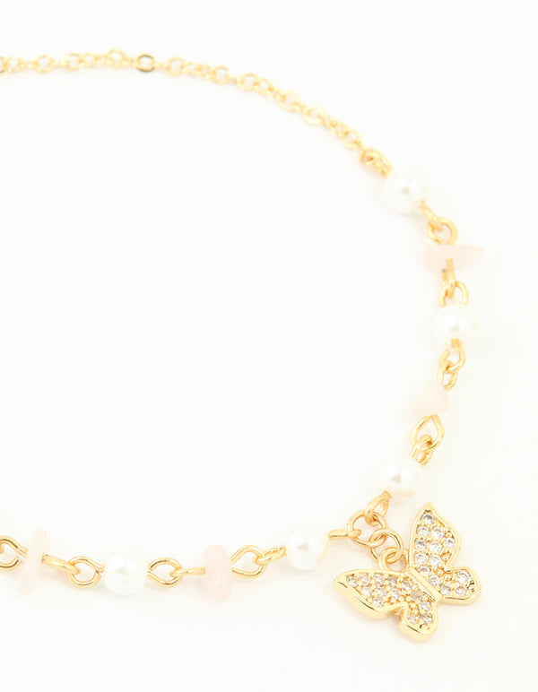 Gold Plated Cubic Zirconia Pearl Semi Precious Butterfly Toggle Bracelet