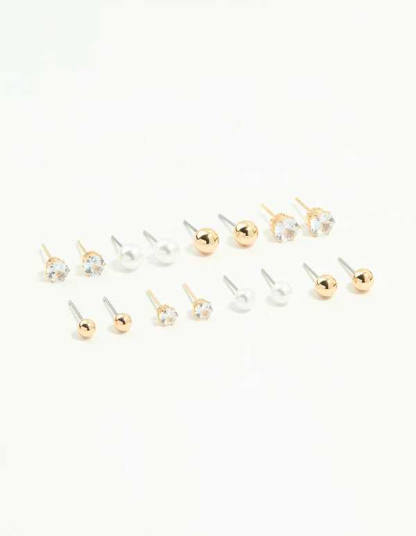 Gold Mixed Basic Stud Earrings 8-Pack