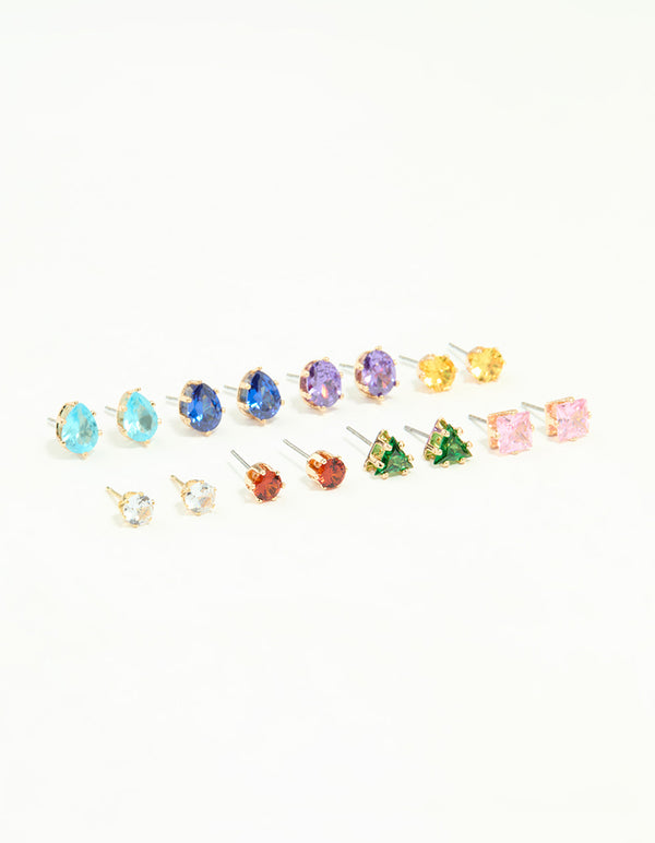 Gold Multicoloured Diamante Mixed Shape Stud Earrings 8-Pack