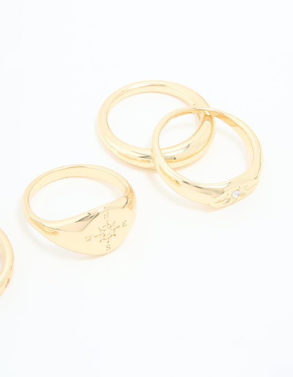 Gold Plated Compass & Star Stacking Rings 4-Pack