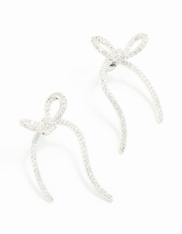 Silver Cubic Zirconia Dainty Ribbon Stud Earrings
