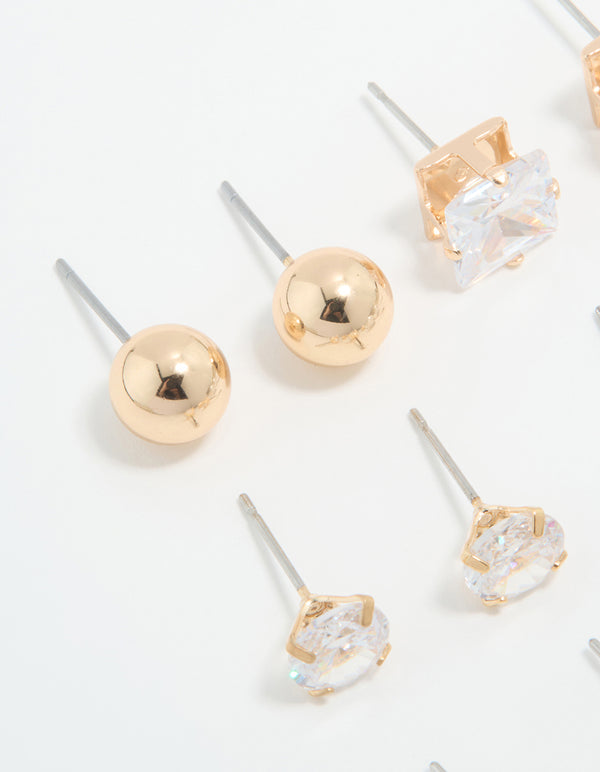 Gold Cubic Zirconia & Pearl Mixed Stud Earrings 6-Pack