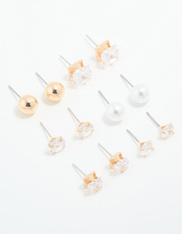 Gold Cubic Zirconia & Pearl Mixed Stud Earrings 6-Pack