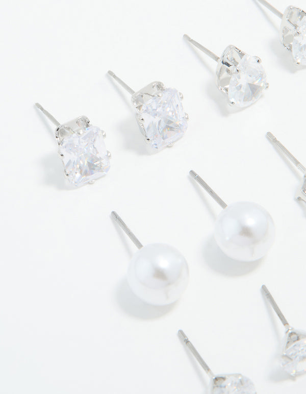 Silver Cubic Zirconia & Pearl Mixed Stud Earrings 6-Pack