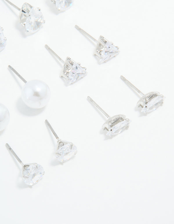 Silver Cubic Zirconia & Pearl Mixed Stud Earrings 6-Pack
