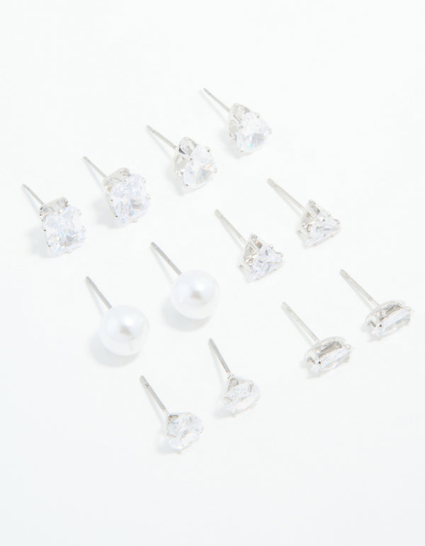 Silver Cubic Zirconia & Pearl Mixed Stud Earrings 6-Pack