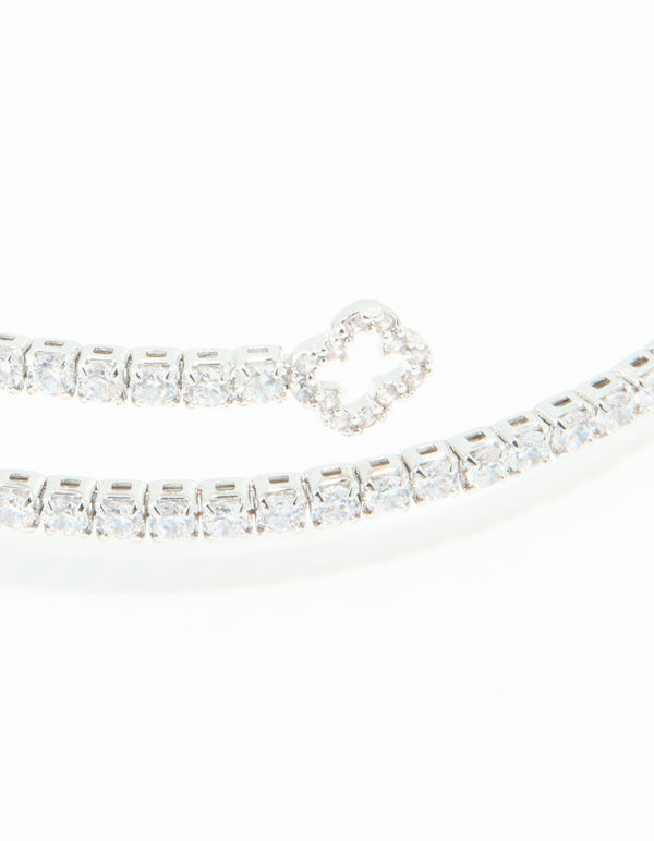 Silver Cubic Zirconia Open Floral Bangle