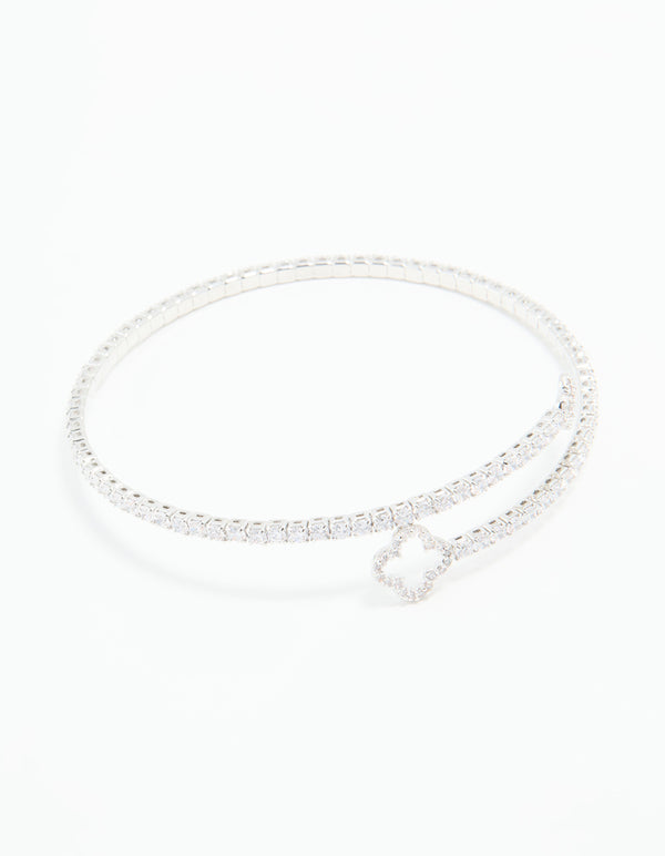 Silver Cubic Zirconia Open Floral Bangle