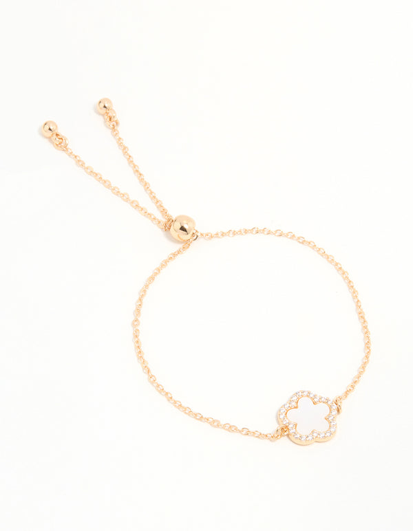 Gold Cubic Zirconia Pink Flower Toggle Bracelet