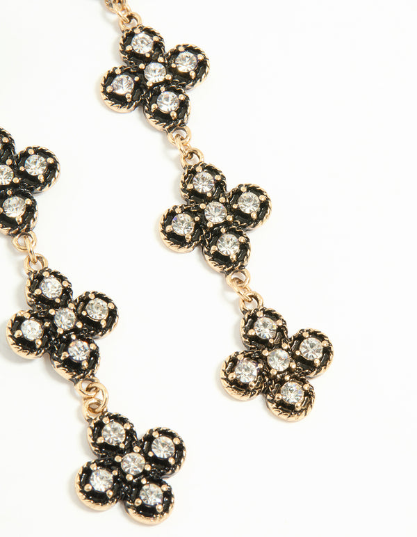 Antique Gold Diamante Black Flower Drop Earrings