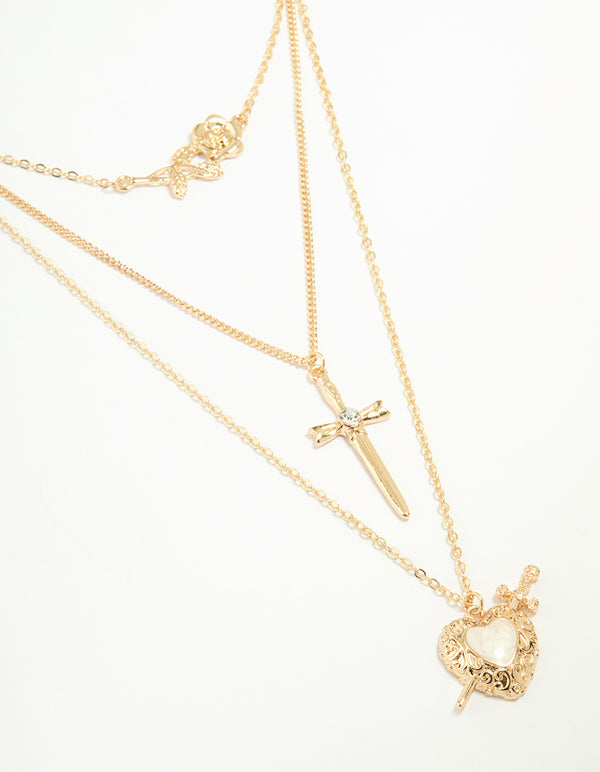 Gold Enamel Heart Rose & Cross Layered Necklace