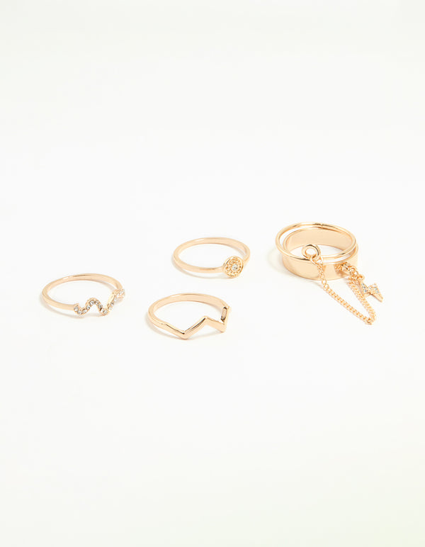 Gold Wavy & Chain Rings 4- Pack