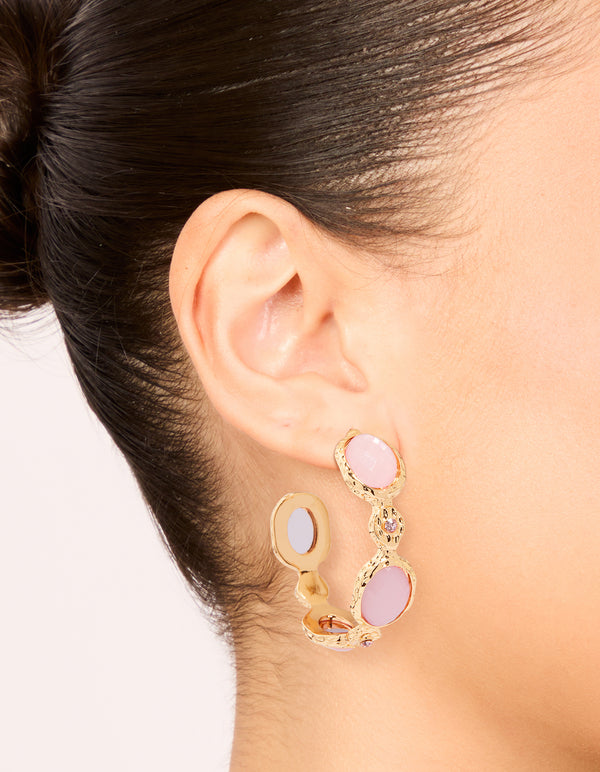 Gold Pink Stone Hoop Large Earrings