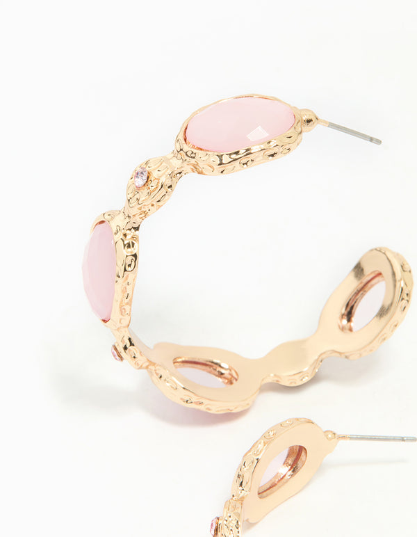 Gold Pink Stone Hoop Large Earrings