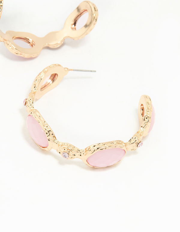 Gold Pink Stone Hoop Large Earrings