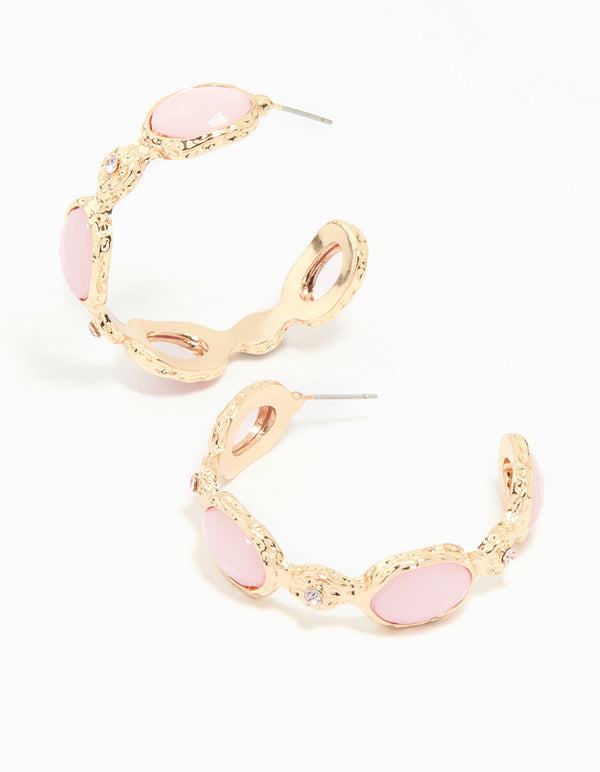 Gold Pink Stone Hoop Large Earrings