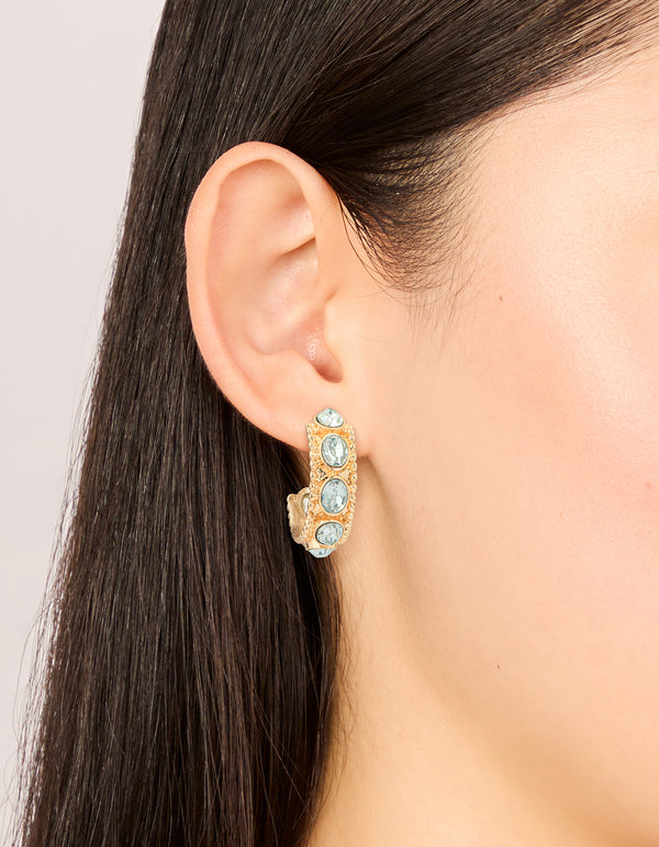 Gold Blue Stone Textured Hoop Earrings