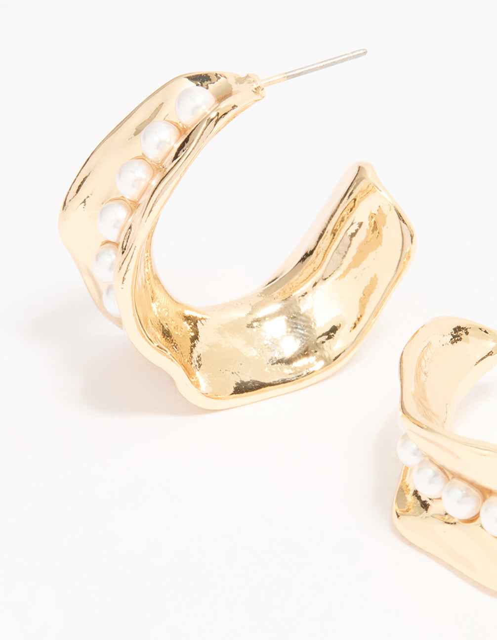 Gold Pearl Molten Thick Hoop Earrings