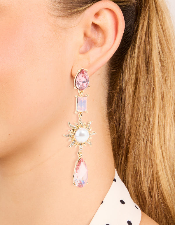 Gold Pink Diamante & Pearl Sun Drop Earrings